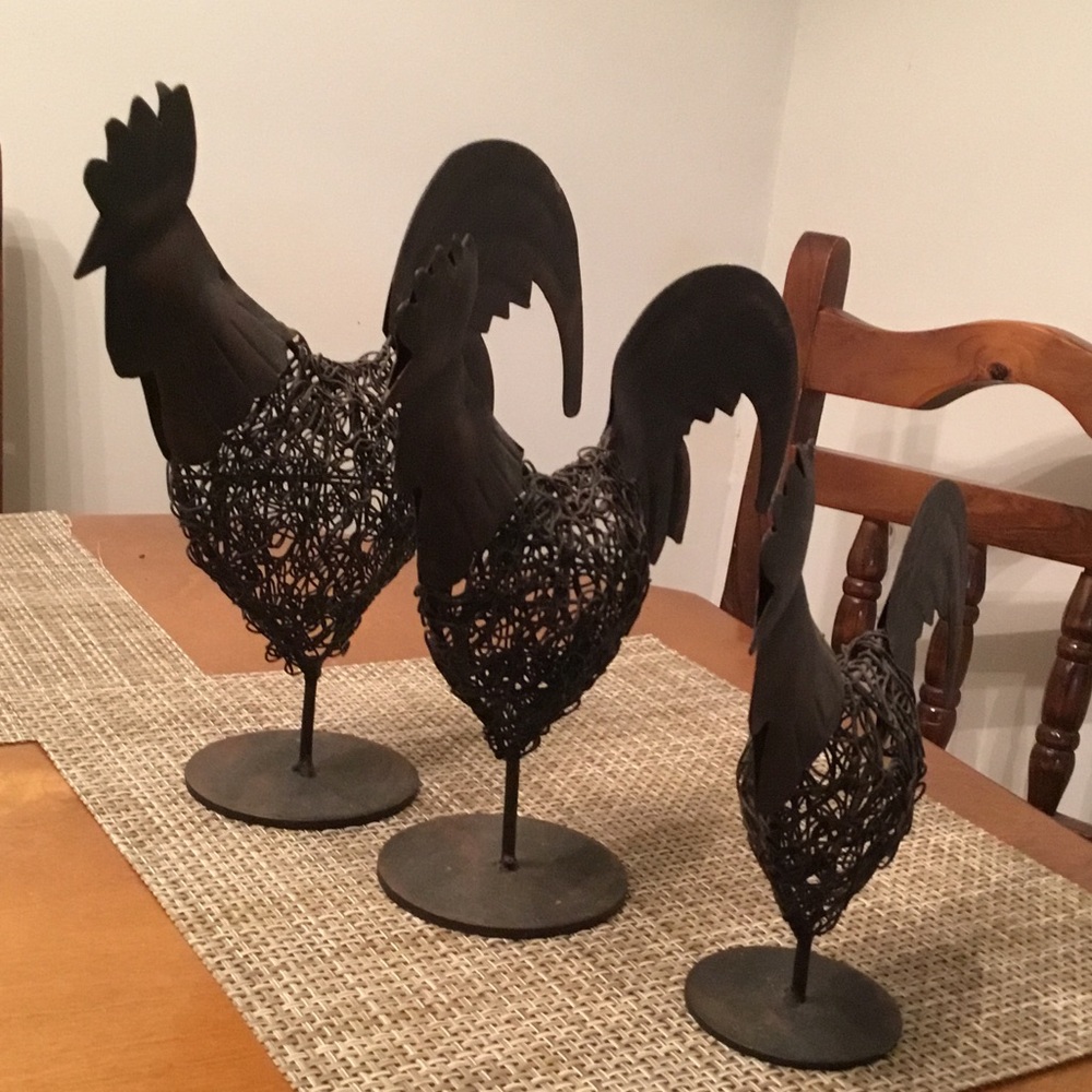 Set of 3 Black Woven Metal Rooster Sculptures